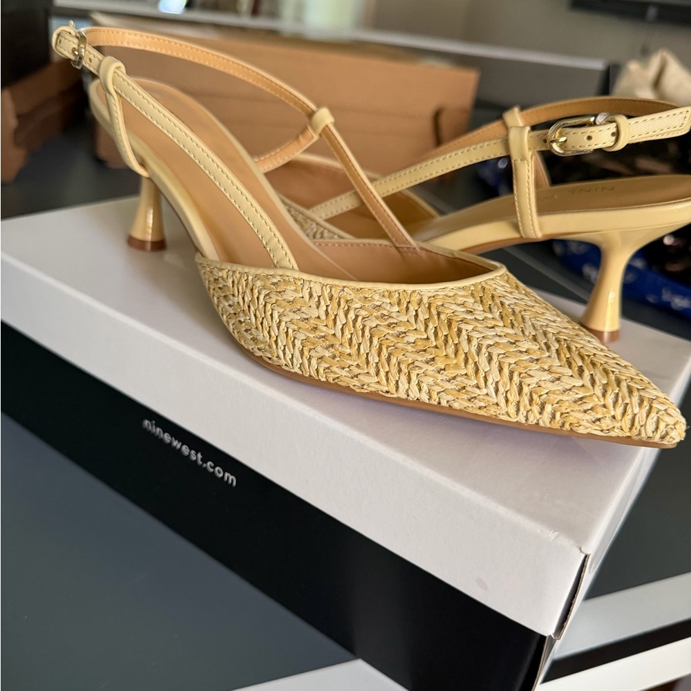 Nine West Beige Raffia Slingback Kitten Heels